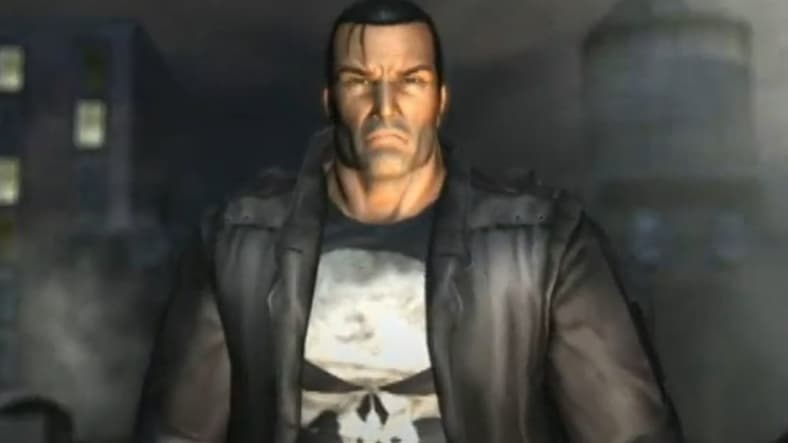 The Punisher (Thomas Jane) after throwing someone from the top of a building in The Punisher, 2005, THQ