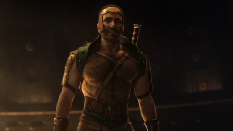 Hercules (Brett Goldstein) accepts accepts Zeus's (Russell Crowe) order to kill Thor (Chris Hemsworth) in Thor: Love and Thunder, 2022, Marvel Entertainment
