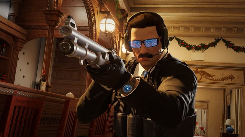 Warden (Mark Deklin) using Glance Smart Glasses and M590A1 shotgun in Tom Clancy's Rainbow Six Siege (2015), Ubisoft