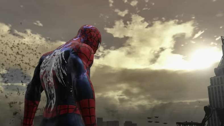 Spider-Man (Peter Parker) changing from a black to a red suit in Spider-Man Web of Shadows, 2008, Activision