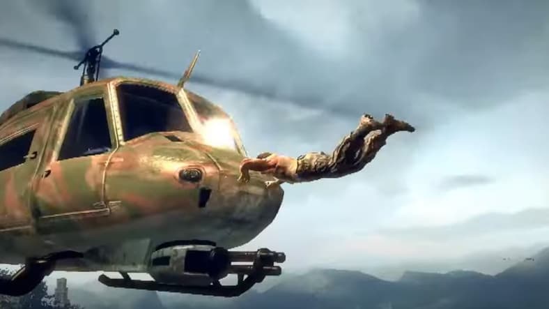Logan/Wolverine (Hugh Jackman) lunging at a helicopter in X-Men Origins, 2009, Activision