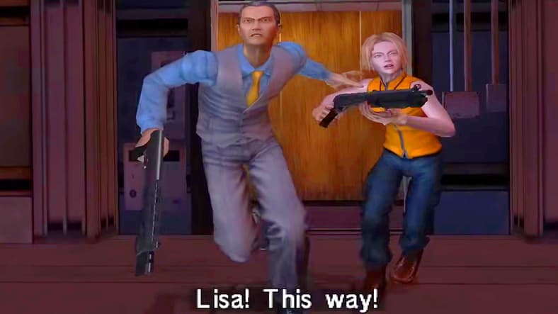 Agent G (Casey Robertson) hurries Lisa Rogan out of the Death juggernaut in The House of the Dead III (2002), SEGA