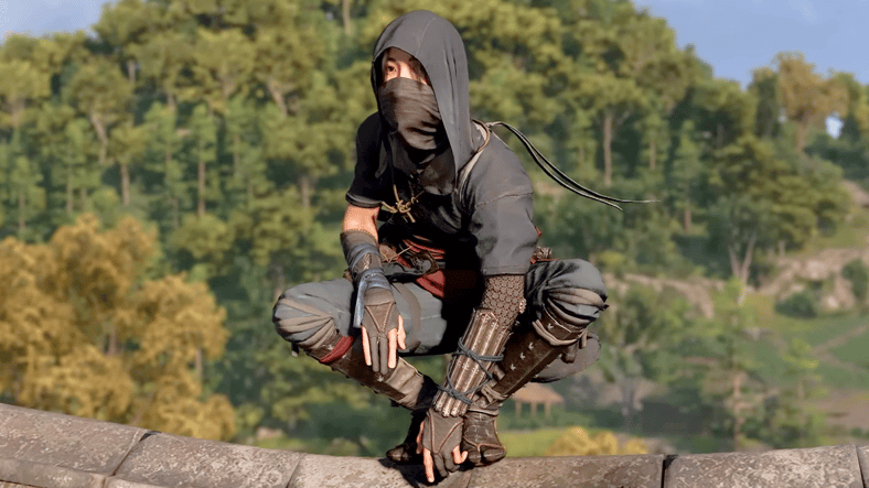 Naoe (Masumi Tsunoda) perches high above the feudal Japanese countryside in Assassin's Creed Shadows (2024), Ubisoft