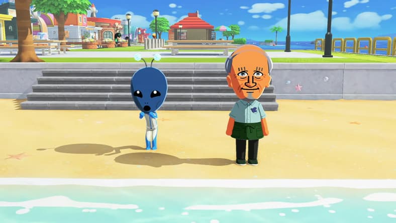 Carlo (N/A) and an extraterrestrial visitor (N/A) enjoy the beach in Tomodachi Life: Living the Dream (2026), Nintendo
