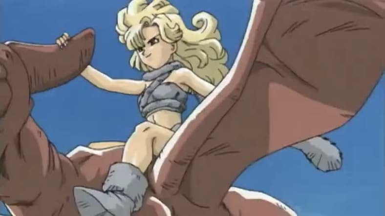 Ayla hitches a ride upon a Dactyl in Chrono Trigger (1995), Square