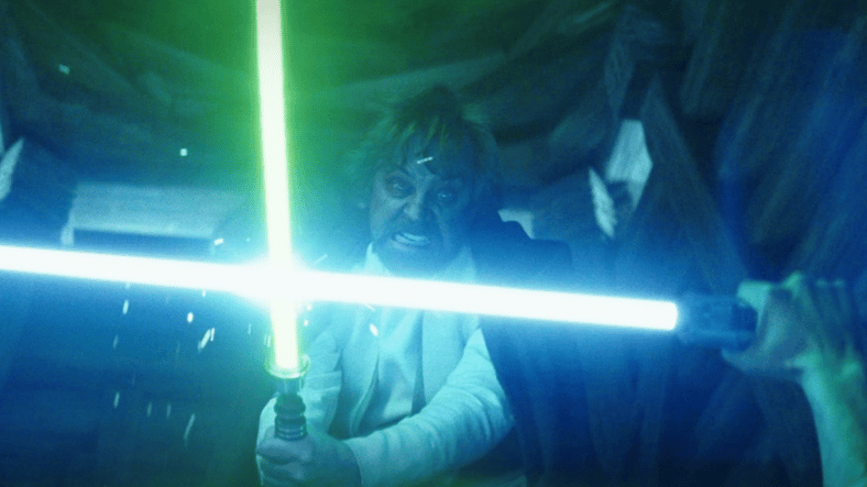 Luke Skywalker (Mark Hamill) attempts to murder Ben Solo (Adam Driver) in Star Wars Episode VIII: The Last Jedi (2019), Lucasfilm Ltd.