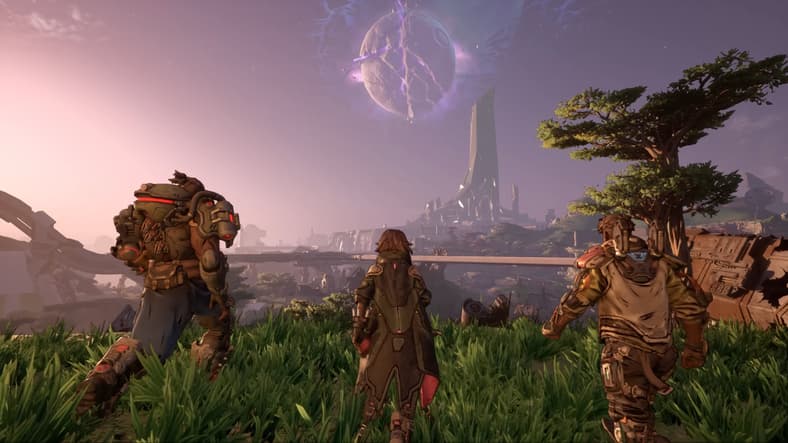 The heroes look upon the broken form of Elpis hanging in the sky in Borderlands 4 (TBA), Gearbox Software