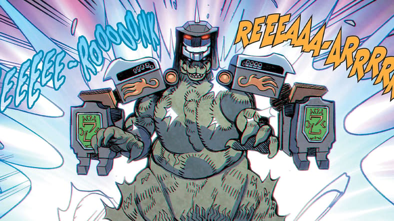 Godzilla dons the Dragonzord Armor against  Lanterra and Two-Headed Parrot in Godzilla vs. The Mighty Morphin Power Rangers II #3 (2024), BOOM! Studios. Words by Cullen Bunn, art by Baldemar Rivas, Andrew Dalhouse, and Johanna Nattalie.