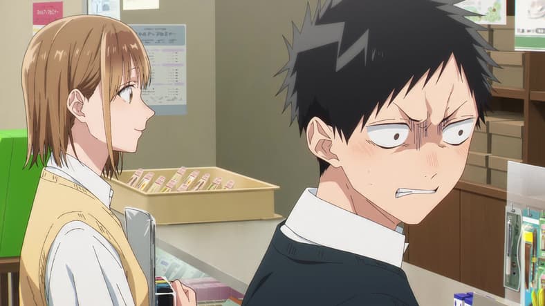 Taiki (Shōya Chiba) bites his tongue while his thoughts about Chnatsu (Reina Ueda) run wild in Blue Box Season 1 Episode 16 "Unfair Woman" (2025), TMS Entertainment