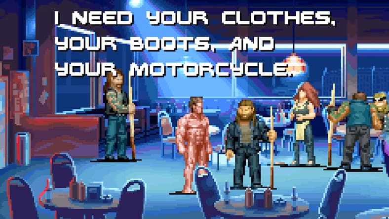 The T-800 (Arnold Schwarzenegger) seeks gear and equipment for his upcoming mission in Terminator 2D: No Fate (2025), Bitmap Bureau