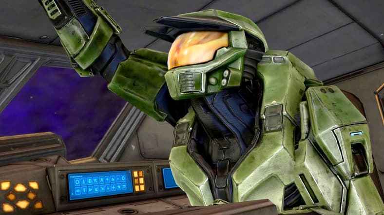 Master Chief (Steve Downes) and Cortana (Jen Taylor) take a breather after surviving the destruction of Installation 04 in Halo: Combat Evolved Anniversary (2011), Bungie