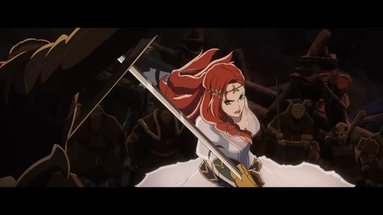 Hèra (Gaia Wise) crosses blades with Wulf (Luca Pasqualino) in The Lord of the Rings: The War of the Rohirrim (2024), Warner Bros. Animation