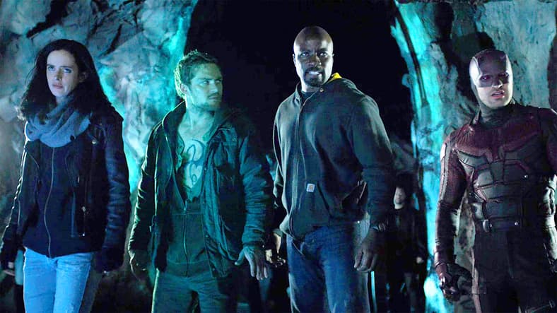 The titular team stands assembled in The Defenders Season 1 Episode 6 "The Defenders" (2017), Marvel Entertainment
