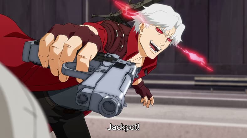 Dante (Johnny Young Bosch) has the White Rabbit (Hoon Lee) dead to rights in Devil May Cry Season 1 Episode 4 "All Hope Abandon" (2025), Netflix