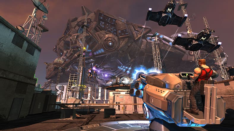 Duke Nukem (Jon St. John) shoots at an alien ship in Duke Nukem Forever (2011), 2K