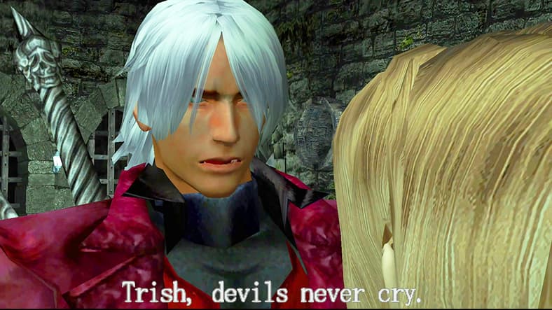 Dante (Drew Coombs) has some sage words for Trish (Sarah Lafleur) in Devil May Cry Remastered (2001/2018), Capcom