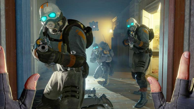 A group of Combbine soldiers descend upon City 17 in Half-Life: Alyx (2020), Valve