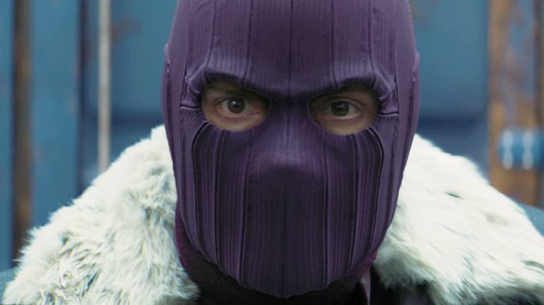 Zemo (Daniel Brühl) checks in on Bucky (Sebastian Sam), Sam (Anthony Mackie), and Sharon Carter (Emily VanCamp) in The Falcon and The Winter Soldier Season 1 Episode 3 "Power Broker" (2021), Marvel Entertainment
