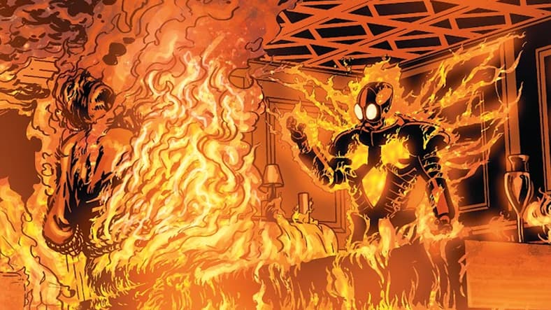 Ted Carson lights up his predecessor, Garfield Lynns, in Nightwing Vol. #3 Annual #1 (2013), DC. Words by Kyle Higgins, art by Jason Masters, Daniel Sampere, Vicente Cifuentes, Chris Sotomayor, and Dave Sharpe.