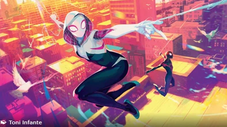 Spider-Gwen and Miles Morales patrol the NYC skyline via Card #TBA, Magic: The Gathering - Marvel's Spider-Man (2025), Wizards of the Coast. Art by Toni Infante.