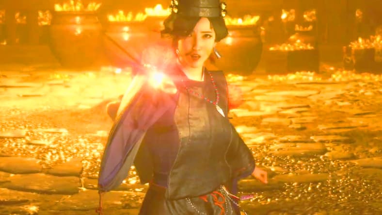 Fuku (TBA) leaps to defend Tokugawa Takechiyo (TBA) from a mad Tokugawa Kunimatsu (TBA) in Nioh 3 (2026), Team Ninja