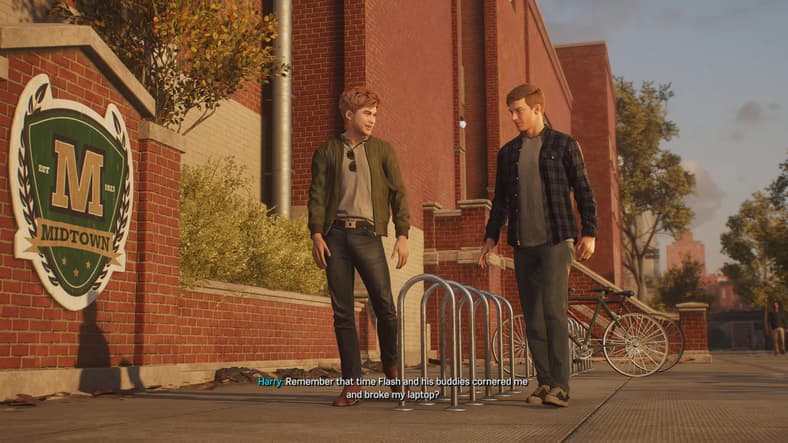 Peter Parker (Yuri Lowenthal) and Harry Osborn (Graham Phillips) reminisce about their younger years in Marvel's Spider-Man 2 (2023), Insomniac Games