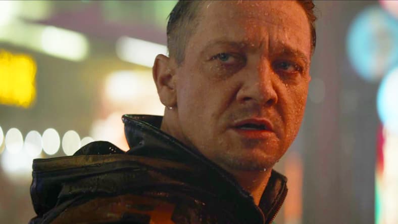 Hawkeye/Ronin (Jeremy Renner) is weary of Black Widow's (Scarlett Johansson) message in Avengers: Endgame (2019), Marvel Entertainment via Blu-ray