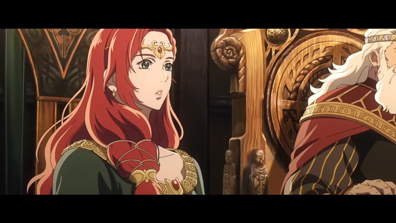 Hèra (Gaia Wise) is surprised by Wulf's (Luca Pasqualino) proposal in The Lord of the Rings: The War of the Rohirrim (2024), Warner Bros. Animation