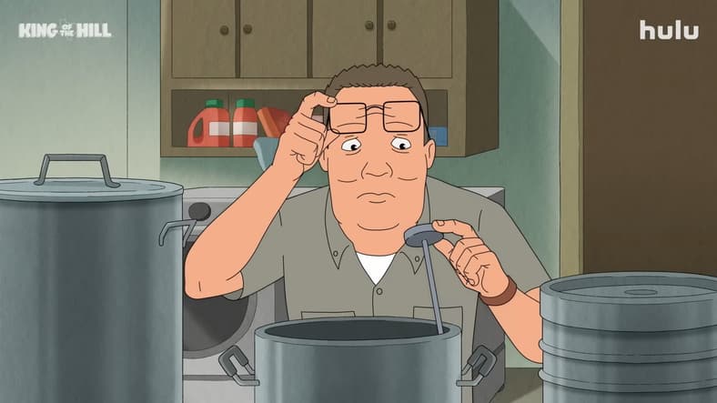 Hank Hill (Mike Judge) tries his hand at home brewing in King of the Hill Season 14 (2025), Hulu