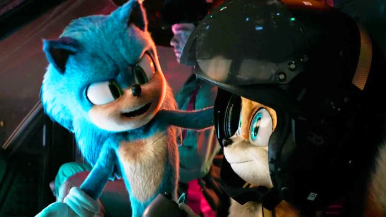 Sonic (Ben Schwartz) chats with Tails (Colleen O'Shaughnessey) as he flies a chopper in Sonic the Hedgehog 3 (2024), Paramount Pictures