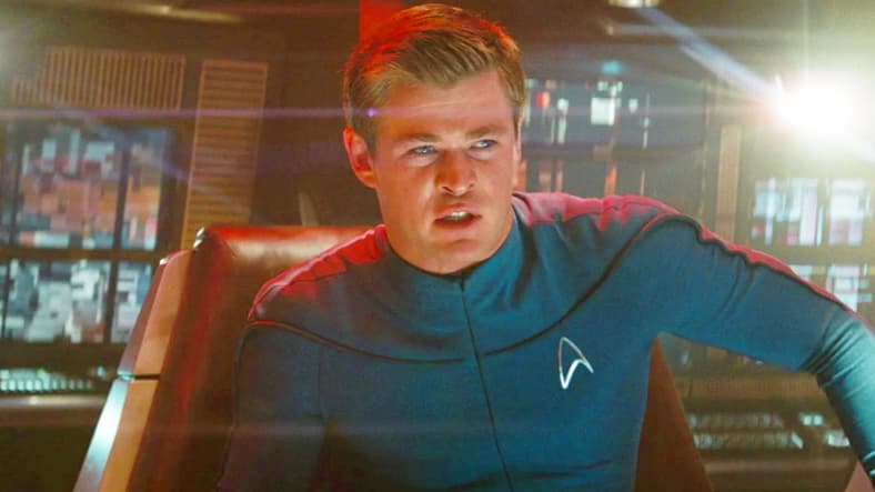 Lt. Kirk (Chris Hemsworth)  orders the evacuation of the U.S.S. Kelvin in Star Trek (2009), Paramount Pictures