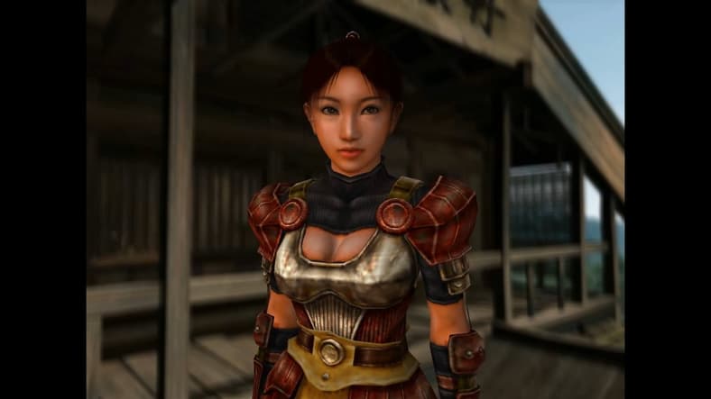 Oyu (Yoko Somi) has a chat with Jubei (Tatsuya Omori) in Onimusha 2: Samurai's Destiny (2002), Capcom