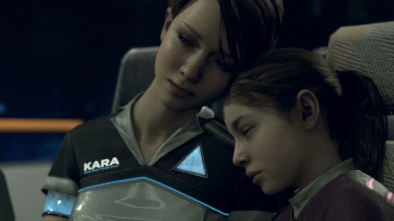 Kara (Valorie Curry) and Alice (Audrey Boustani) take a breather as they board the train in Detroid: Become Human (2018), Quantic Dream