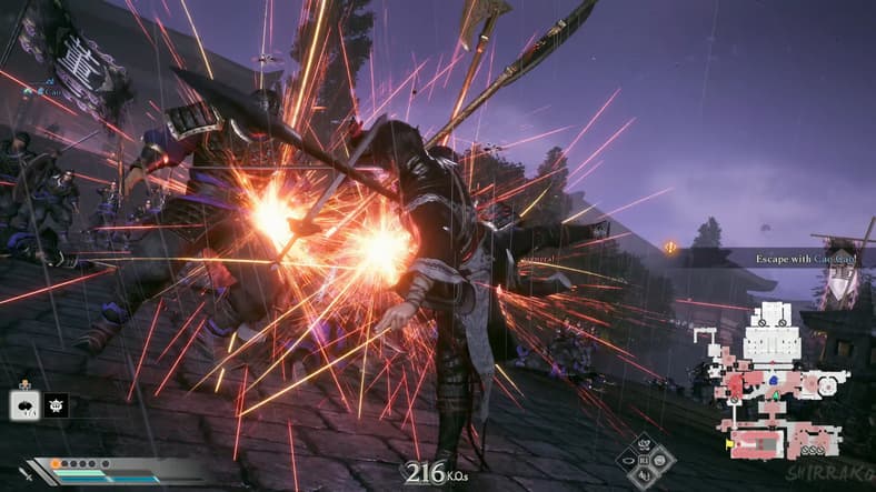 The Wanderer (Jun Fukuyama) forces Zhang Liao (Hirofumi Tanaka) off the battlefield in Dynasty Warriors: Origins (2025), Koei Tecmo