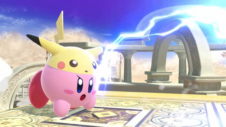 Kirby (Makiko Ohmoto) does his best Pikachu (Ikue Ōtani) impression  in Super Smash Bros. Ultimate (2018), Nintendo  