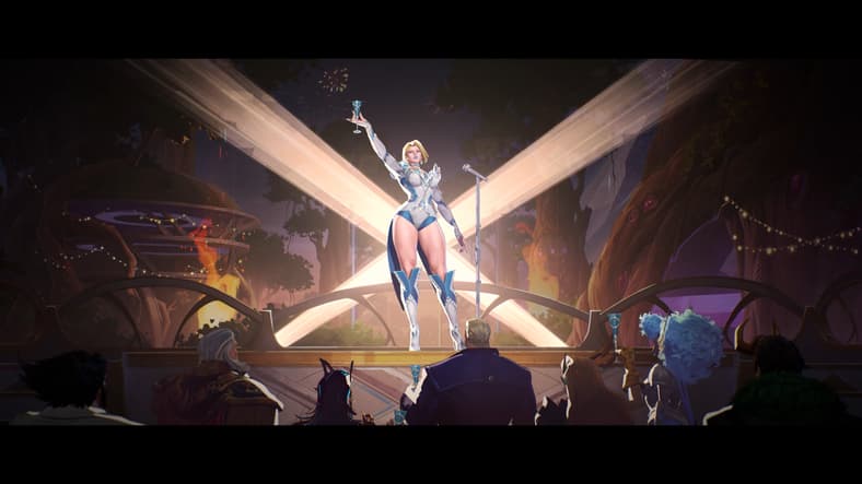 Emma Frost (Laura Post) welcomes her multiversal guests to the Hellfire Gala in Marvel Rivals (2024), NetEase Games