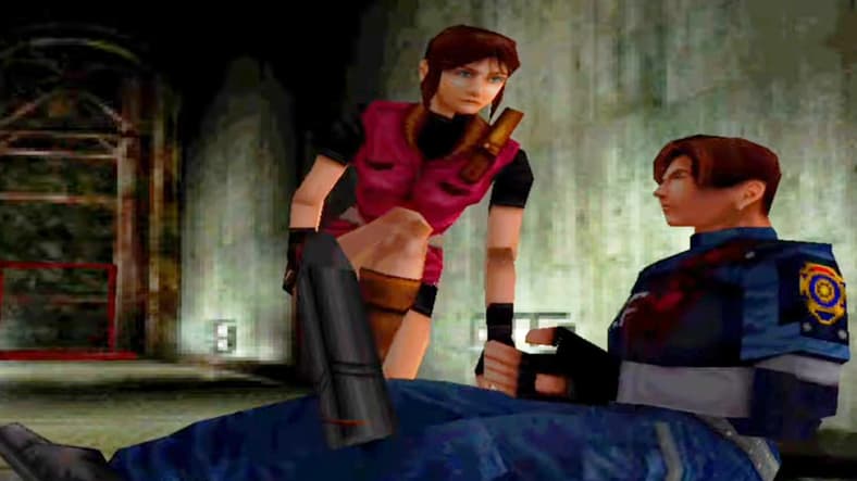 Claire Redfield (Alyson Court) comes across a wounded Leon Kennedy (Paul Haddad) in Resident Evil 2 (1998), Capcom