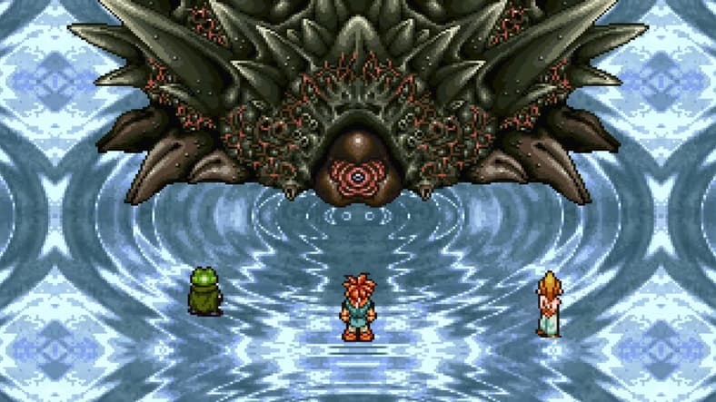Chrono, Frog, and Marle watch on as Lavos begins to evolve in Chrono Trigger (1995), Square