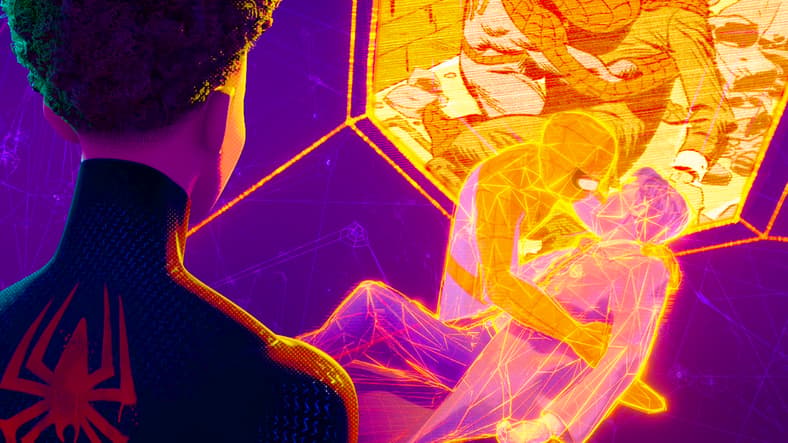Miles (Shameik Moore) watches on as Spider-man (Josh Keaton) mourns the loss of Captain Stacy (Clancy Brown) in Spider-Man: Across the Spider-Verse (2023), Sony Animation