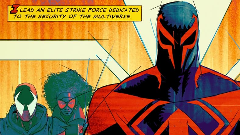 Spider-Man 2099 (Oscar Isaac) introduces himself to Gwen Stacy (Hailee Steinfeld) in Spider-Man: Across the Spider-Verse (2023), Sony Pictures Animation