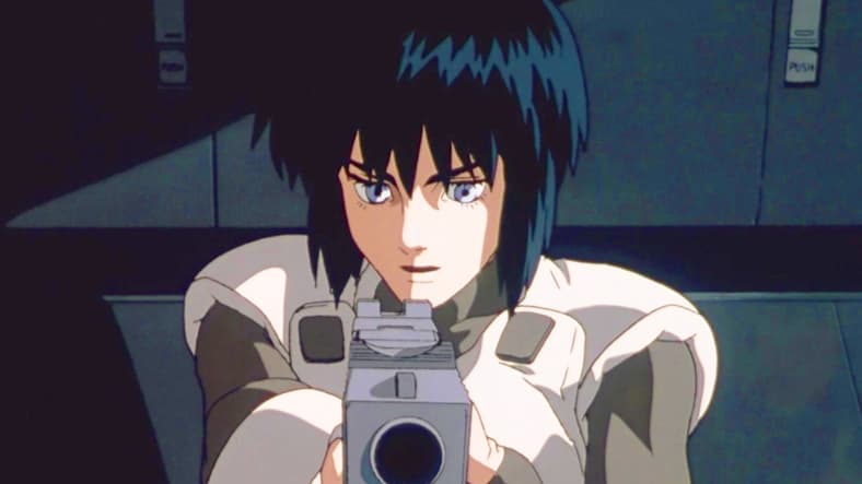 Major Kusanagi (Atsuko Tanaka) prepares to raid a suspected Puppet Master (Iemasa Kayumi) transport in Ghost in the Shell (1995), Production I.G