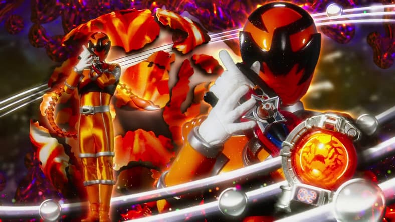 Stinger (Yosuke Kishi) activates his Seiza Blaster and transforms into Sasori Orange in Uchu Sentai Kyuranger The Movie: The Geth Indaver's Counterattack (2017), Toei Co. Ltd.