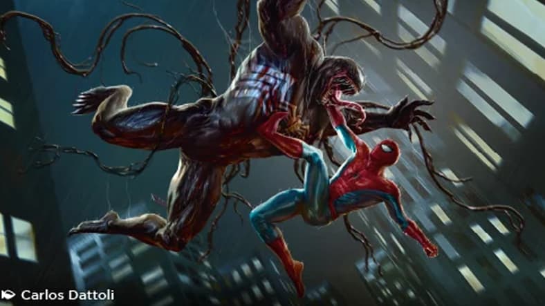 Spidey brawls with Venom via Card #TBA, Magic: The Gathering - Marvel's Spider-Man (2025), Wizards of the Coast. Art by Carlos Dattoli.