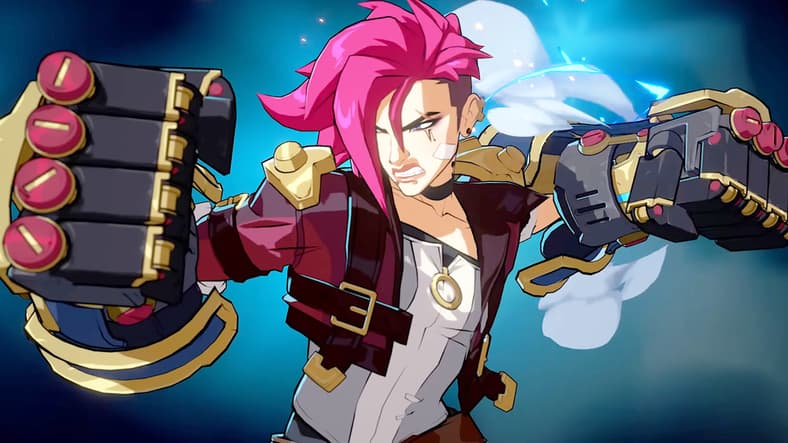 Vi (Cia Court) draws back to deliver an Atlas Gauntlet-powered punch in 2XKO (2025), Riot Games