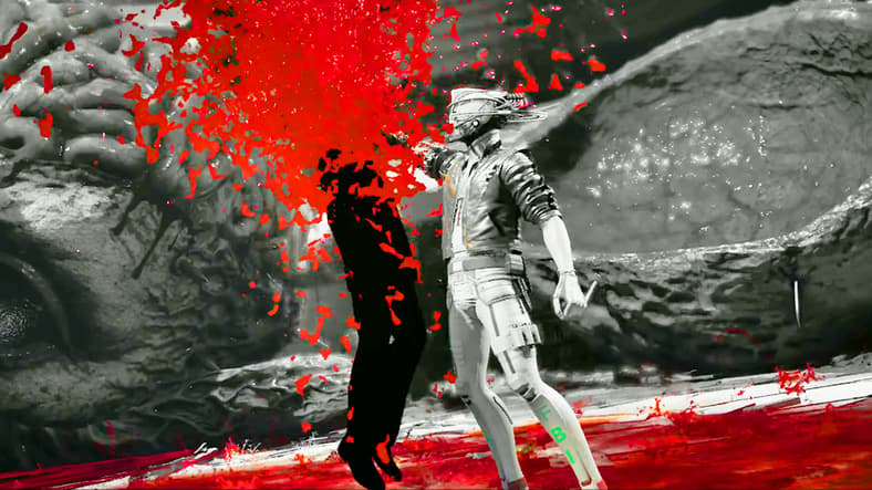 Romeo Stargazer (Antony Del Rio) puts an end to Christian Phantasm (Andrew Russell) in Romeo Is a Dead Man (2025), Grasshopper Manufacture