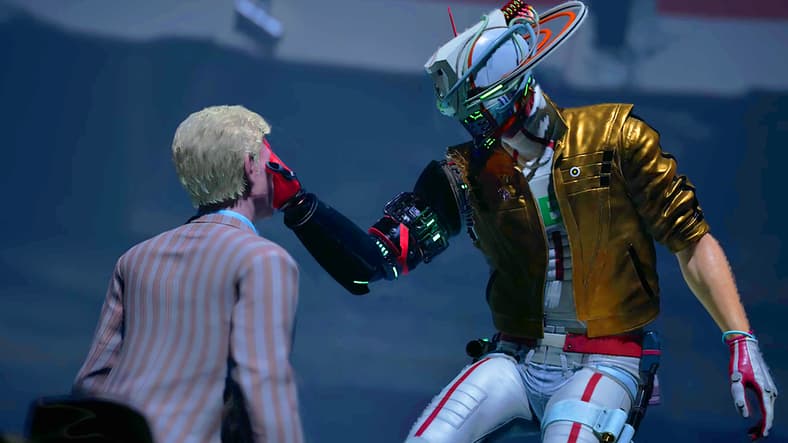 Romeo Stargazer (Antony Del Rio) has a face-to-face with Christian Phantasm (Andrew Russell) in Romeo Is a Dead Man (2025), Grasshopper Manufacture