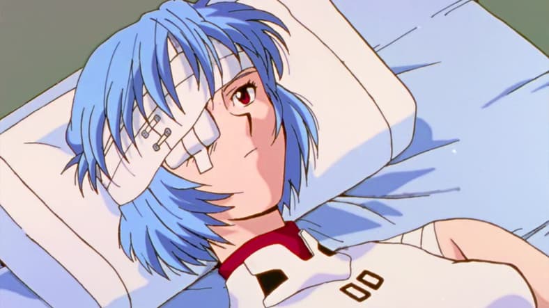 Rei Ayanami (Megumi Hayashibara) is in critical condition following her last EVA sortie in Neon Genesis Evangelion Episode 1 "Angel Attack" (1997), Studio Khara