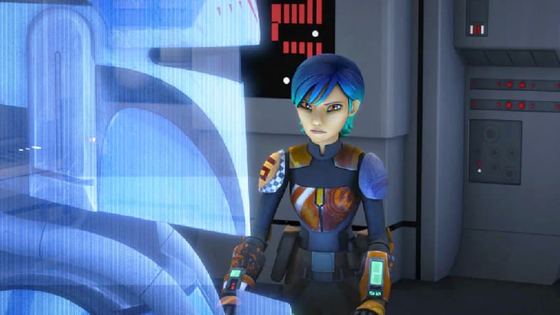 Sabine (Tiya Sircar) steels herself for a reunion with her fellow Mandalorians in Star Wars Rebels Season 2 Episode 13 "The Protector of Concord Dawn" (2016), Disney