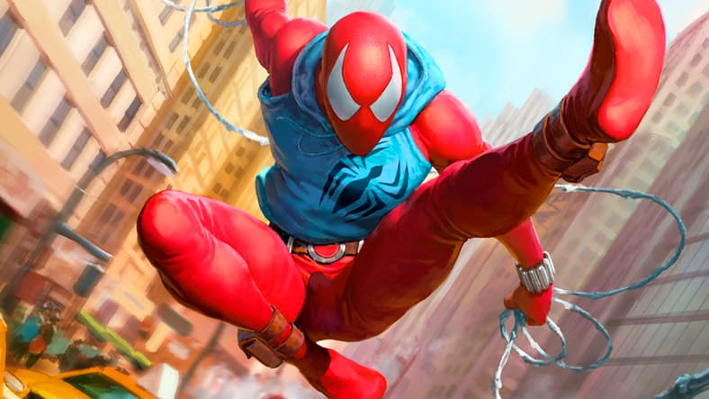 The Clone Saga's golden son swings into action via Scarlet Spider, Ben Reilly (Card #142), Magic: The Gathering - Marvel's Spider-Man (2025), Wizards of the Coast. Art by Javier Charro.