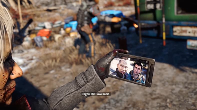 Pagan Min (Troy Baker) snaps a selfie with Ajay (James A Woods) in Far Cry 4 (2014), Ubisoft